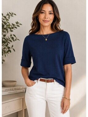 Karen Scott Womens Medium Navy Blue 100 Cotton Boat Neck Elbow Sleeve Top Macy’s